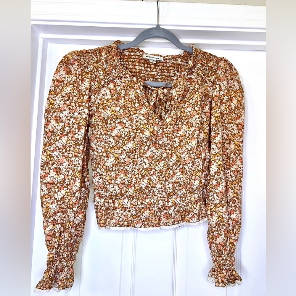 🎆3for$20 Amer Eagle Smocked Peasant Top Rust Brown Floral & Cropped w/ Lace Trim